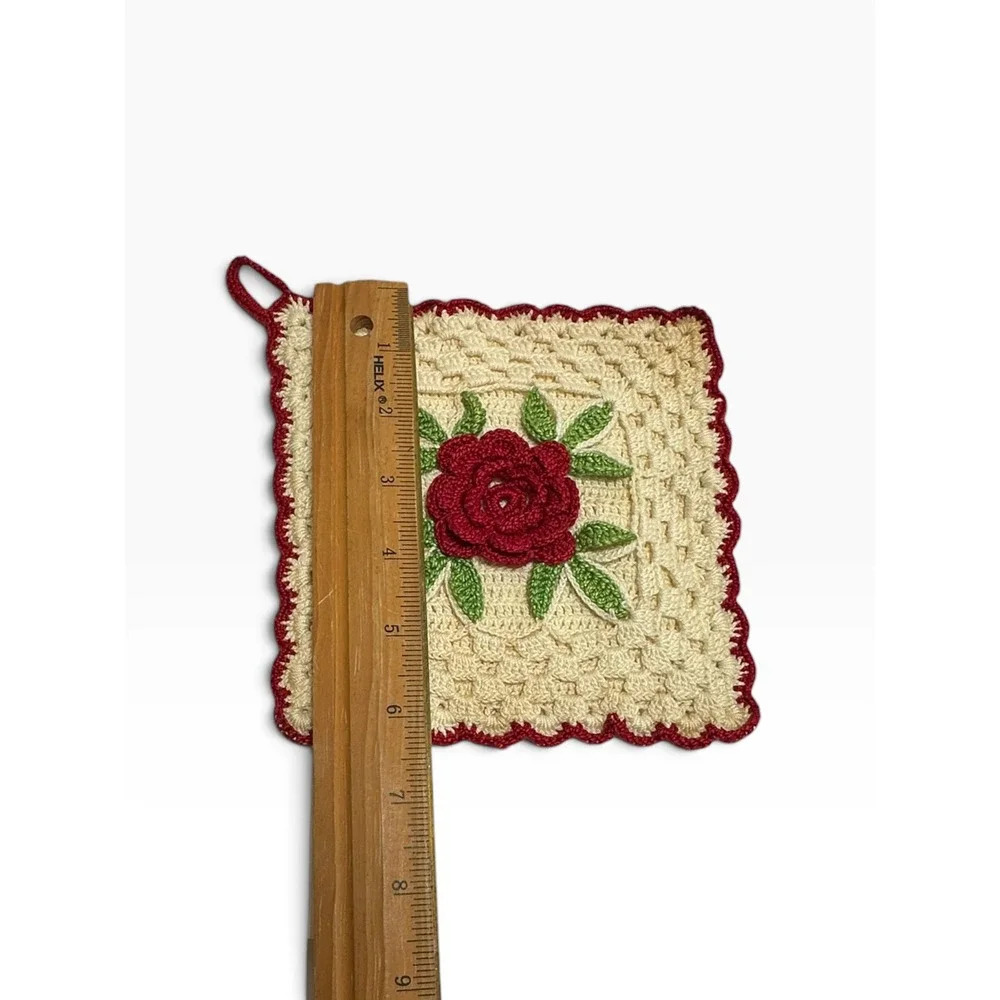 Handmade Crochet Potholder Red/Cream Vintage 3D Rose Floral Square